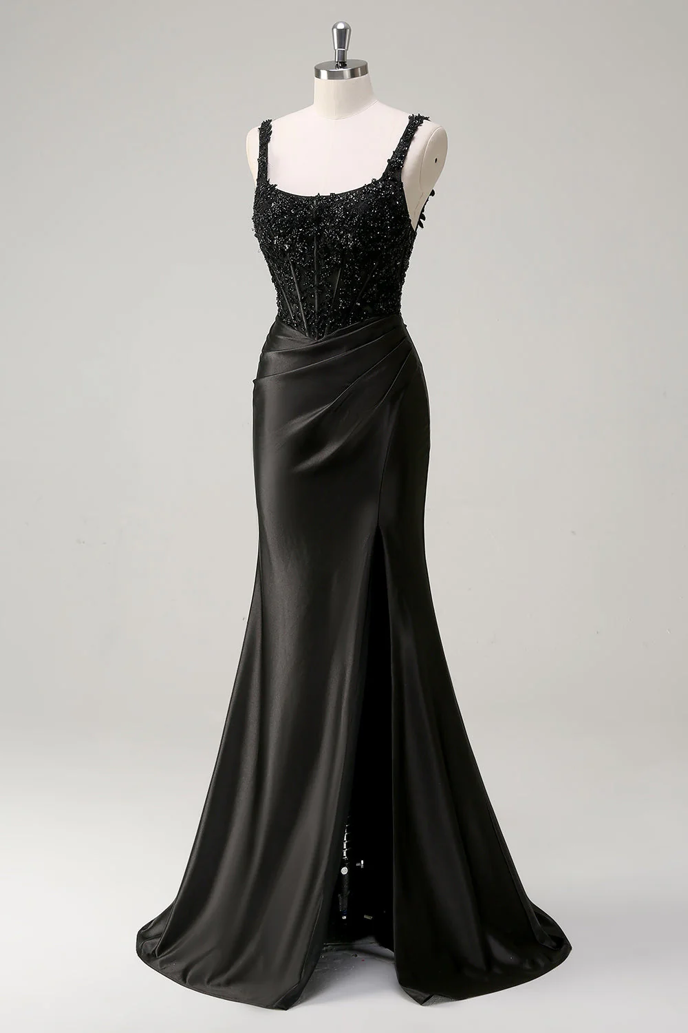 Black Sheath Spaghetti Straps Corset Beaded Long Prom Dress with Slit - Image 3