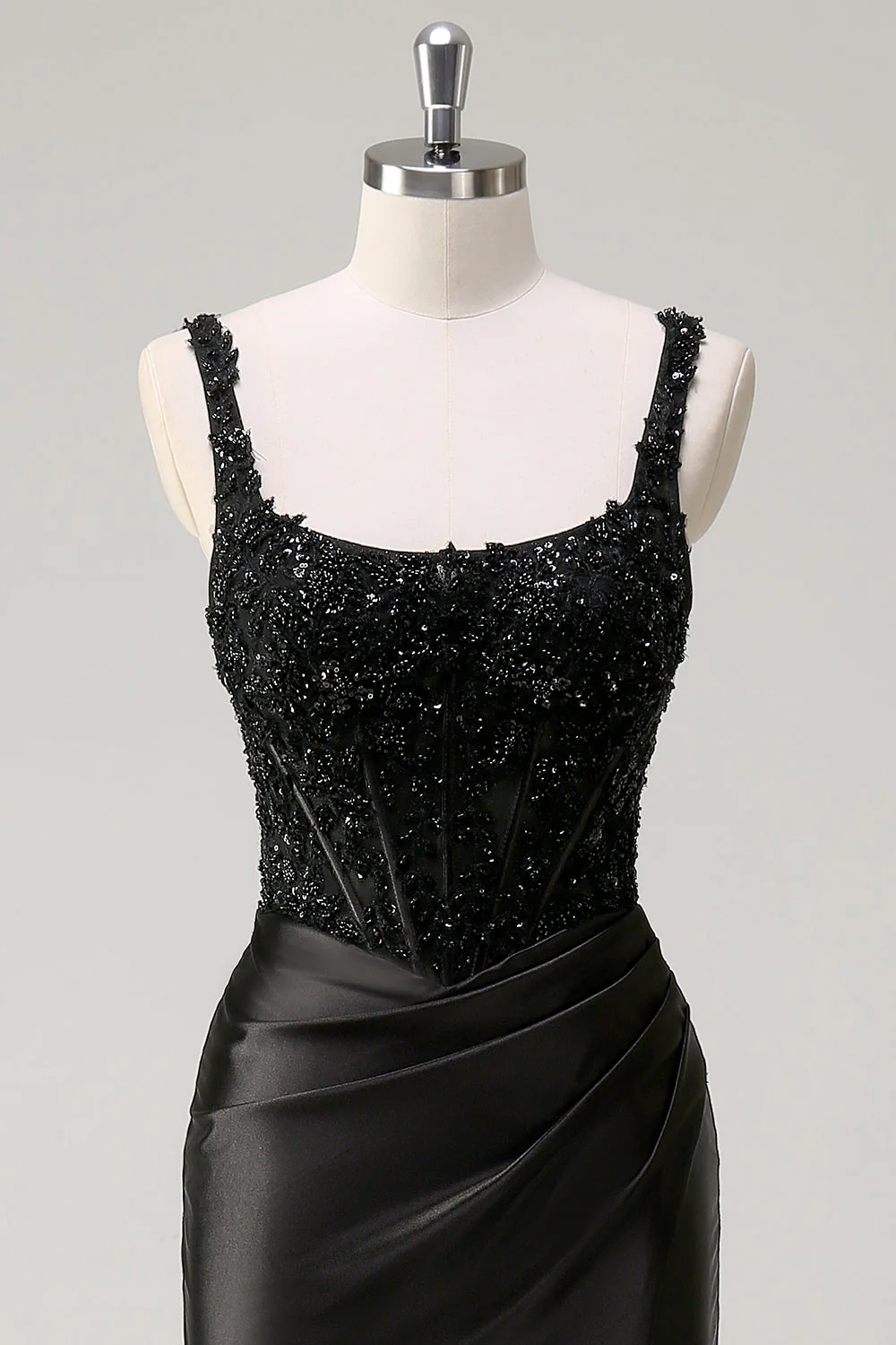 Black Sheath Spaghetti Straps Corset Beaded Long Prom Dress with Slit - Image 4