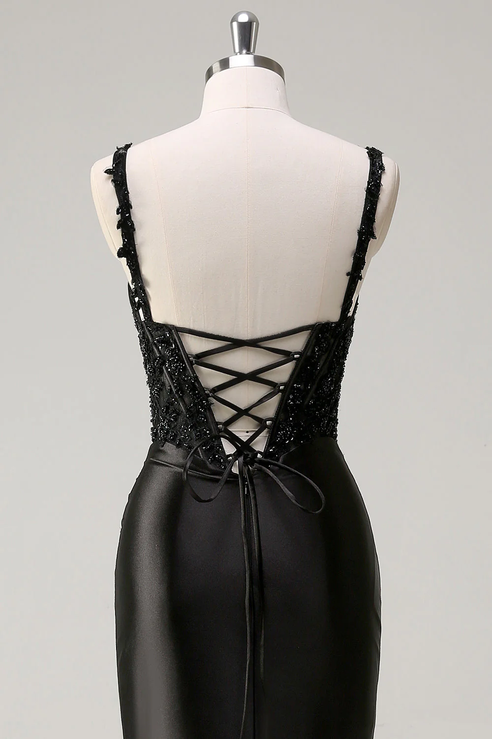 Black Sheath Spaghetti Straps Corset Beaded Long Prom Dress with Slit - Image 5