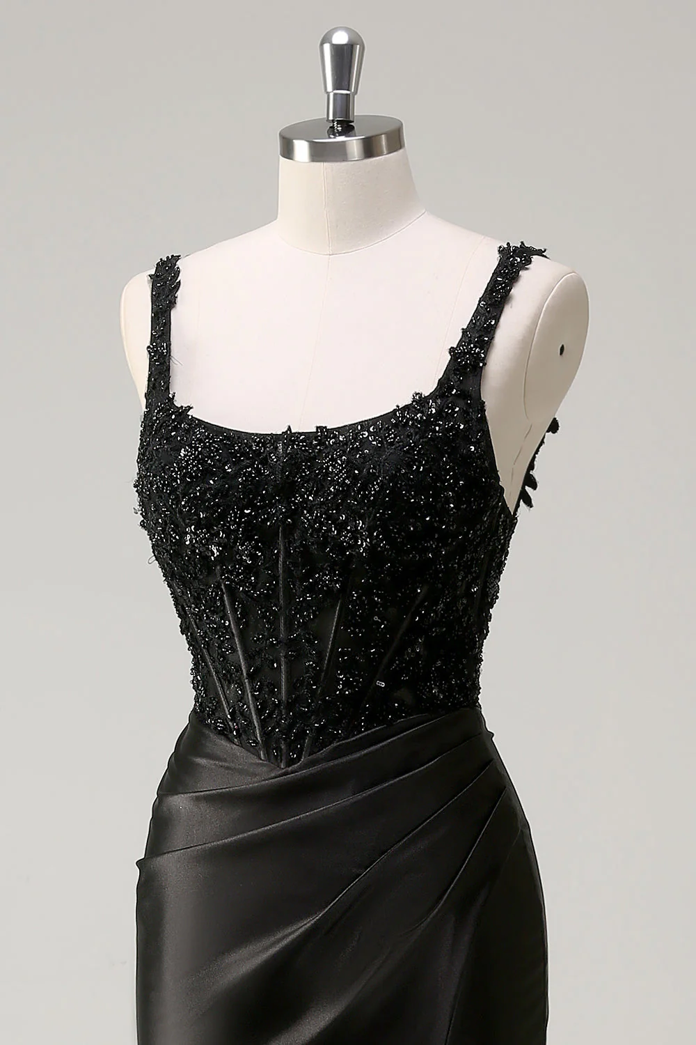 Black Sheath Spaghetti Straps Corset Beaded Long Prom Dress with Slit - Image 6