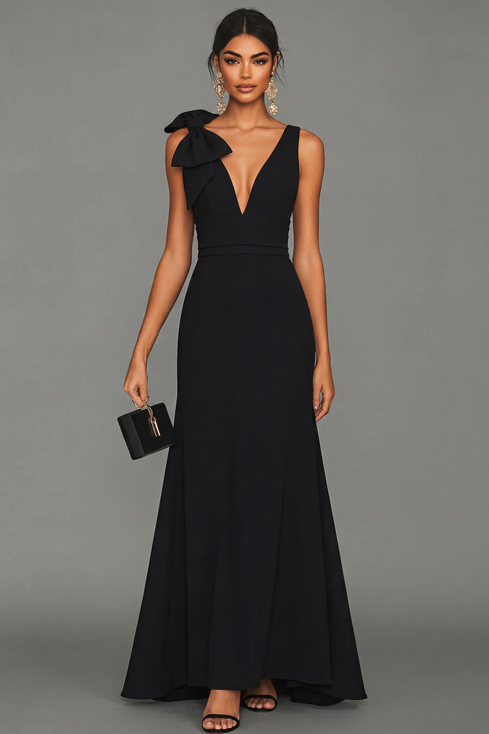 Black A Line V Neck Long Evening Dress with Bow