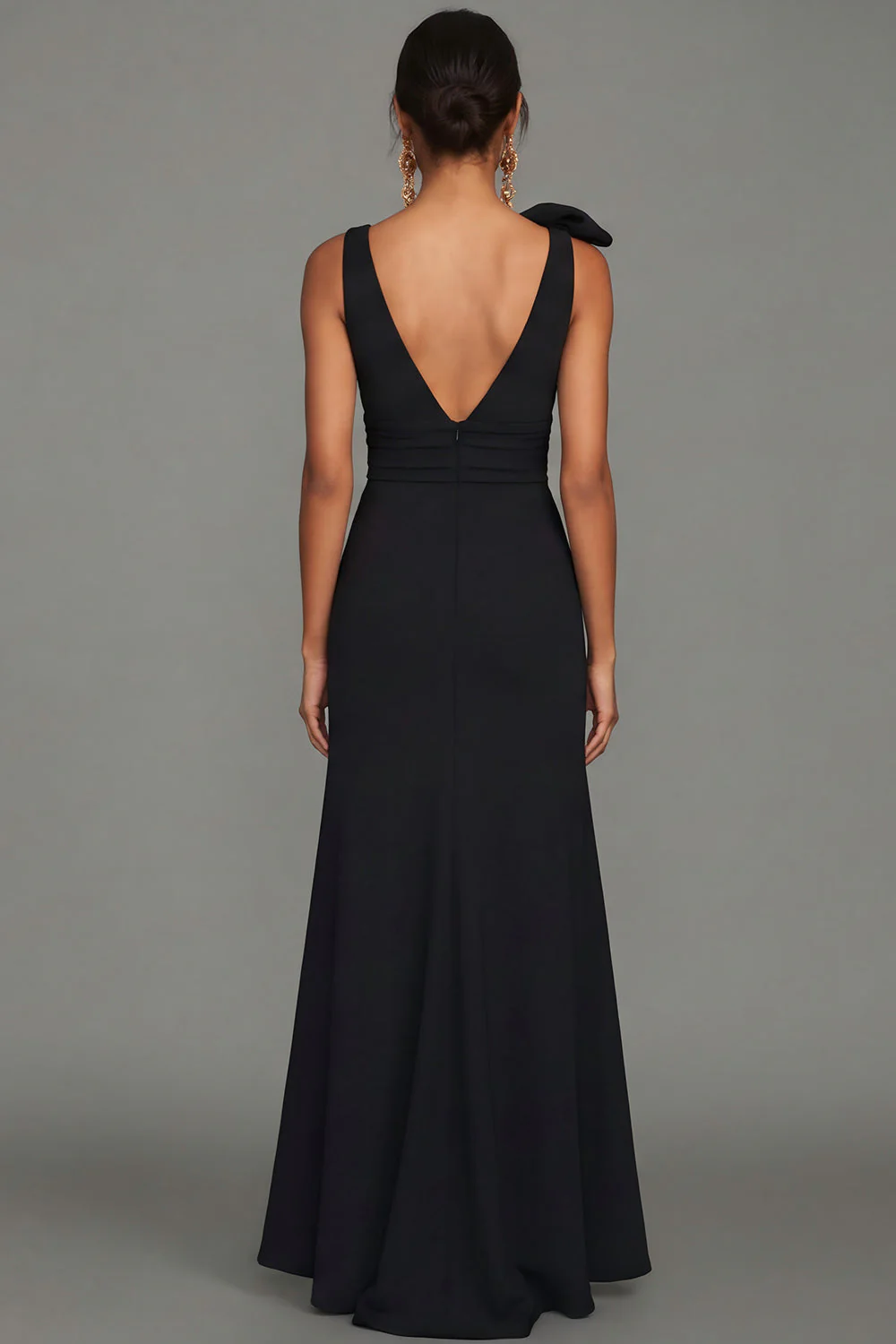 Black A Line V Neck Long Evening Dress with Bow - Image 2
