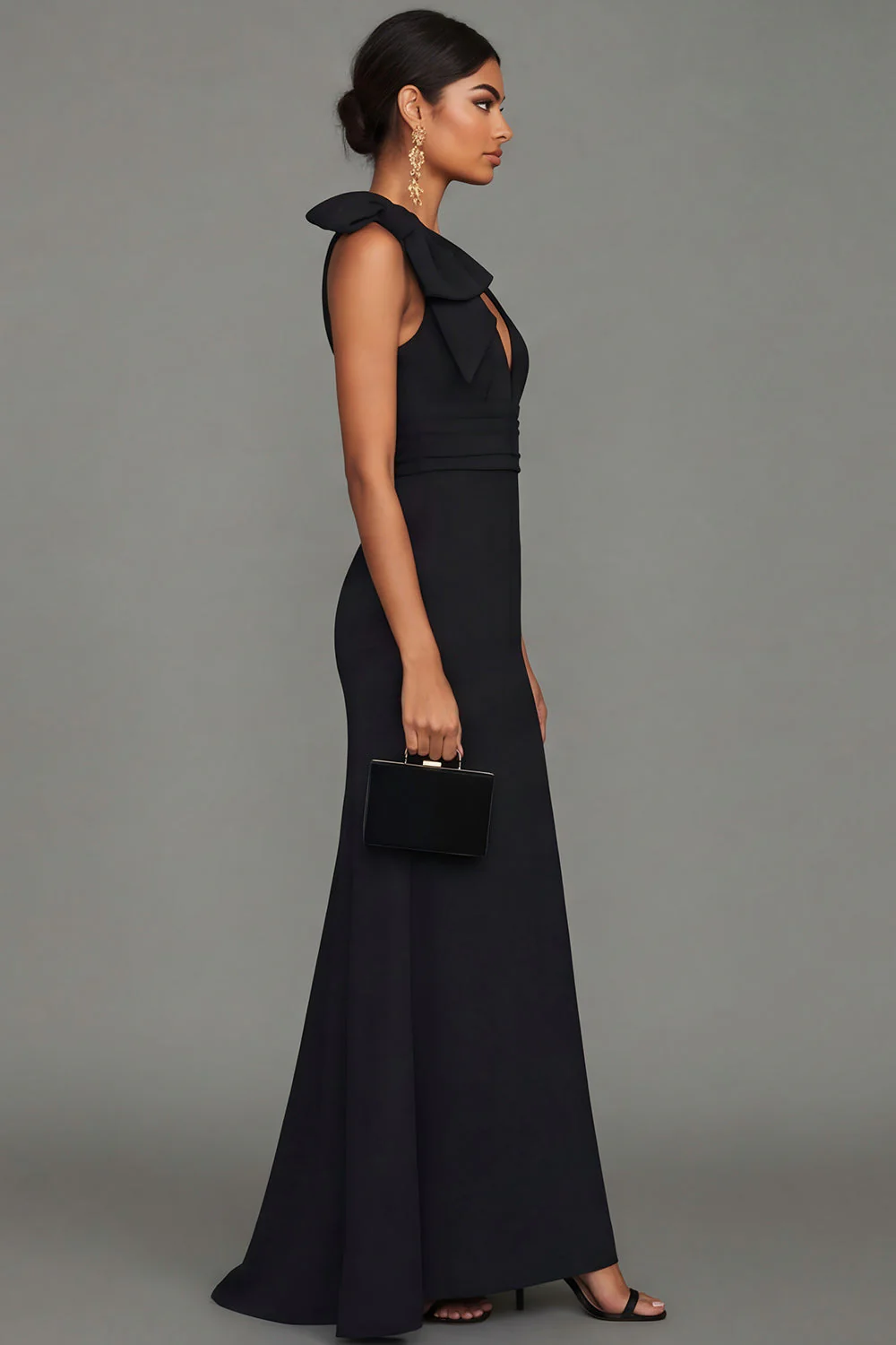 Black A Line V Neck Long Evening Dress with Bow - Image 3