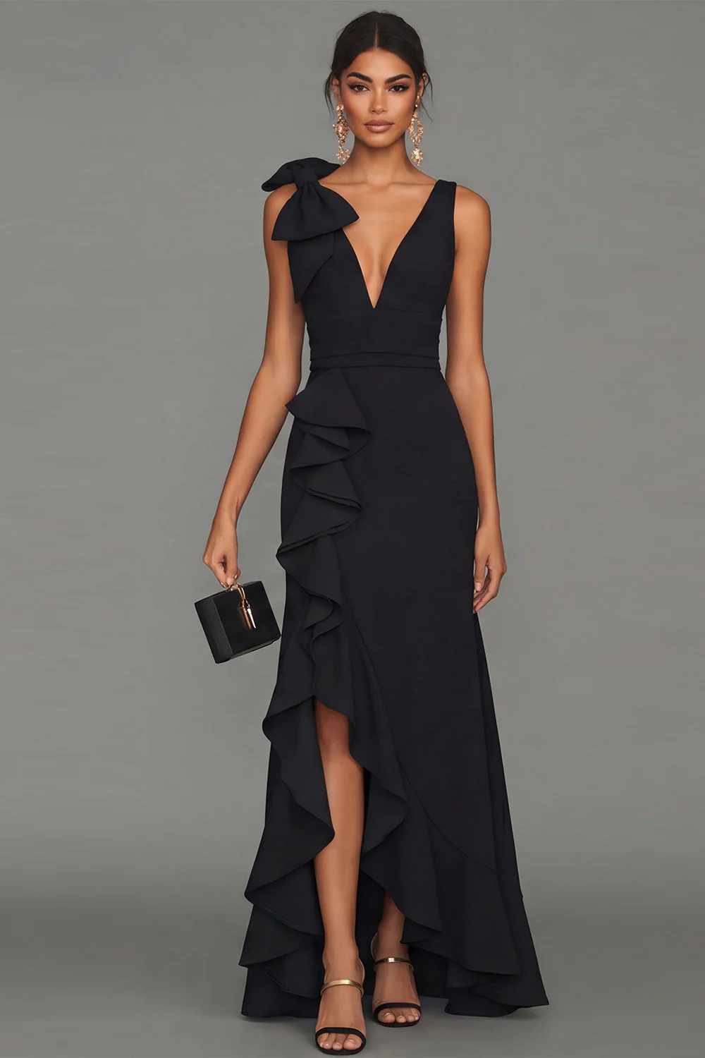 Black Sheath V-Neck Ruffled Long Evening Dress with Slit