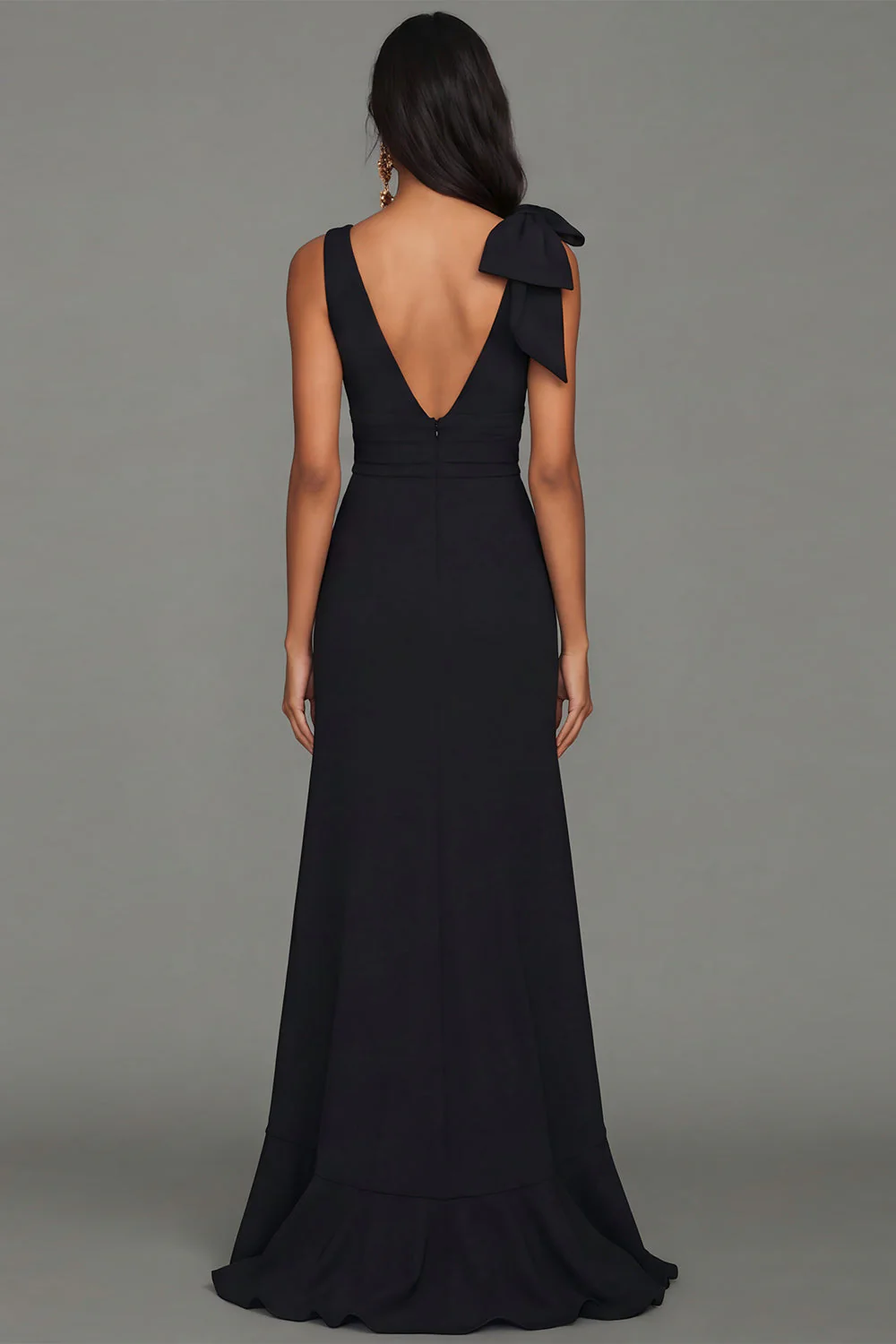 Black Sheath V-Neck Ruffled Long Evening Dress with Slit - Image 2