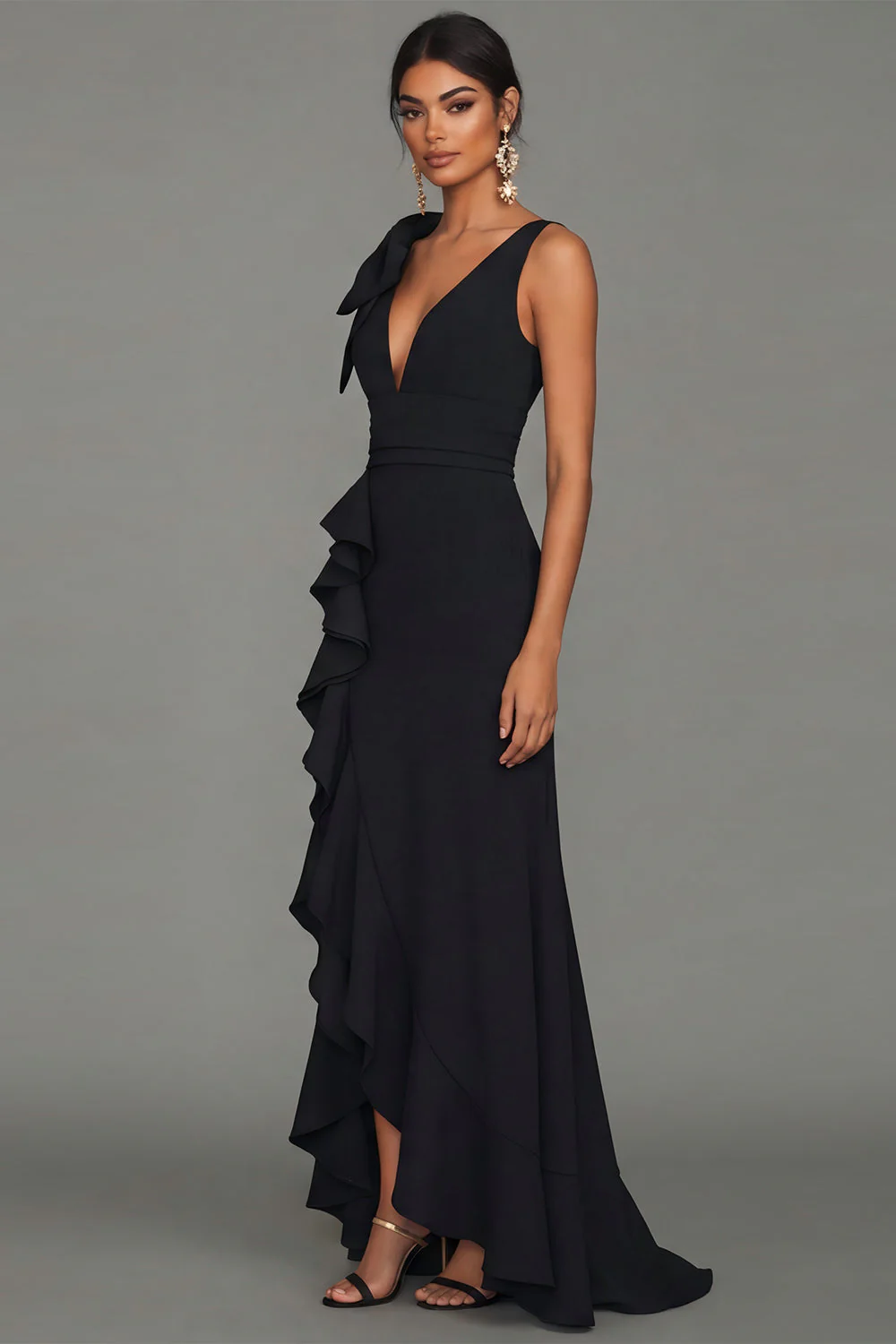 Black Sheath V-Neck Ruffled Long Evening Dress with Slit - Image 3