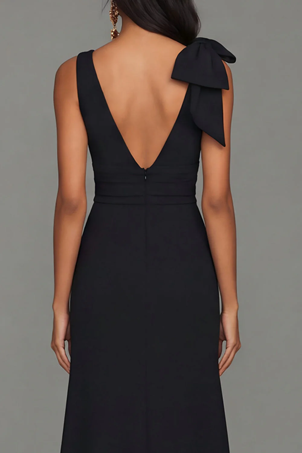 Black Sheath V-Neck Ruffled Long Evening Dress with Slit - Image 5