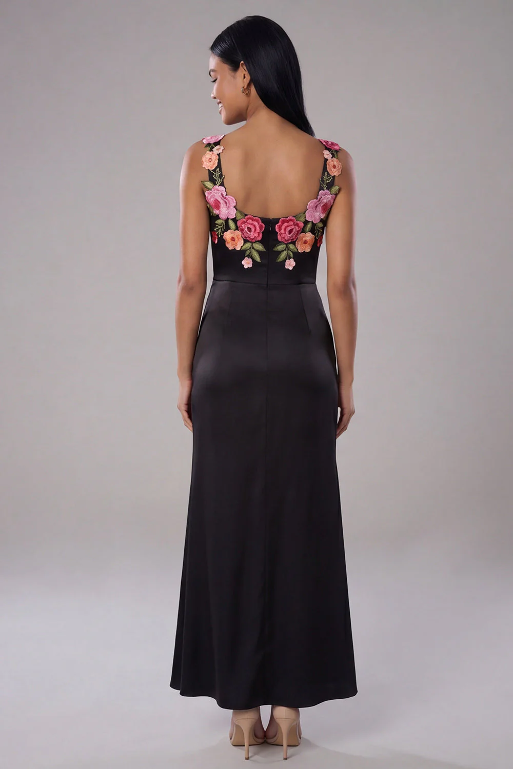 Black Square Neck Ruched Satin Sheath Long Floral Dress with Slit - Image 2