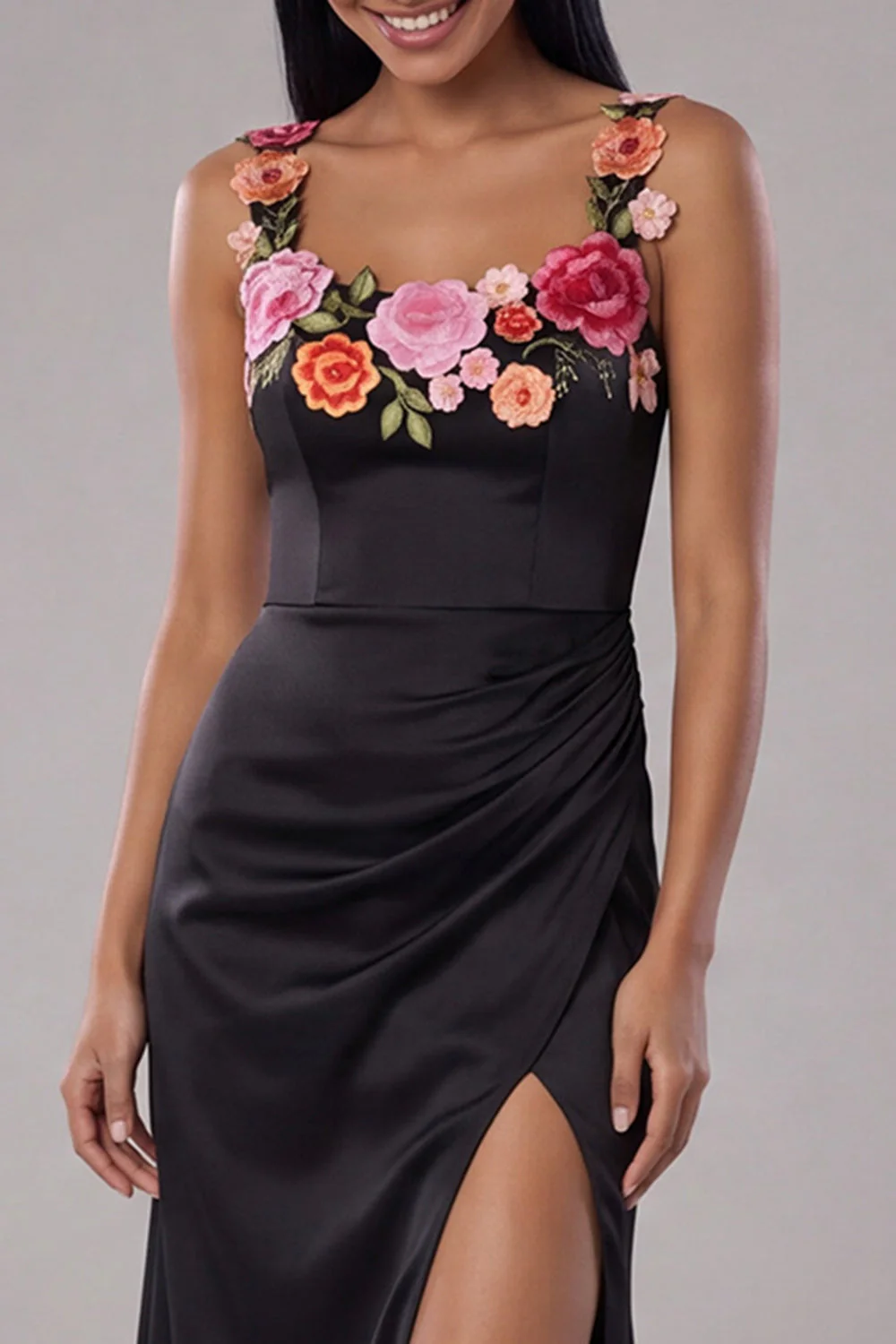 Black Square Neck Ruched Satin Sheath Long Floral Dress with Slit - Image 3