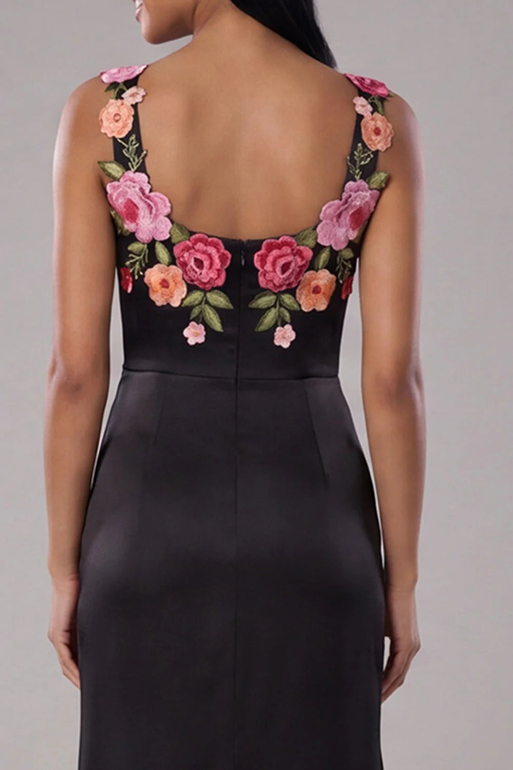 Black Square Neck Ruched Satin Sheath Long Floral Dress with Slit - Image 4