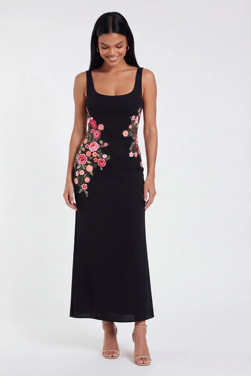 Black Square Neck Sheath Floral Long Formal Dress