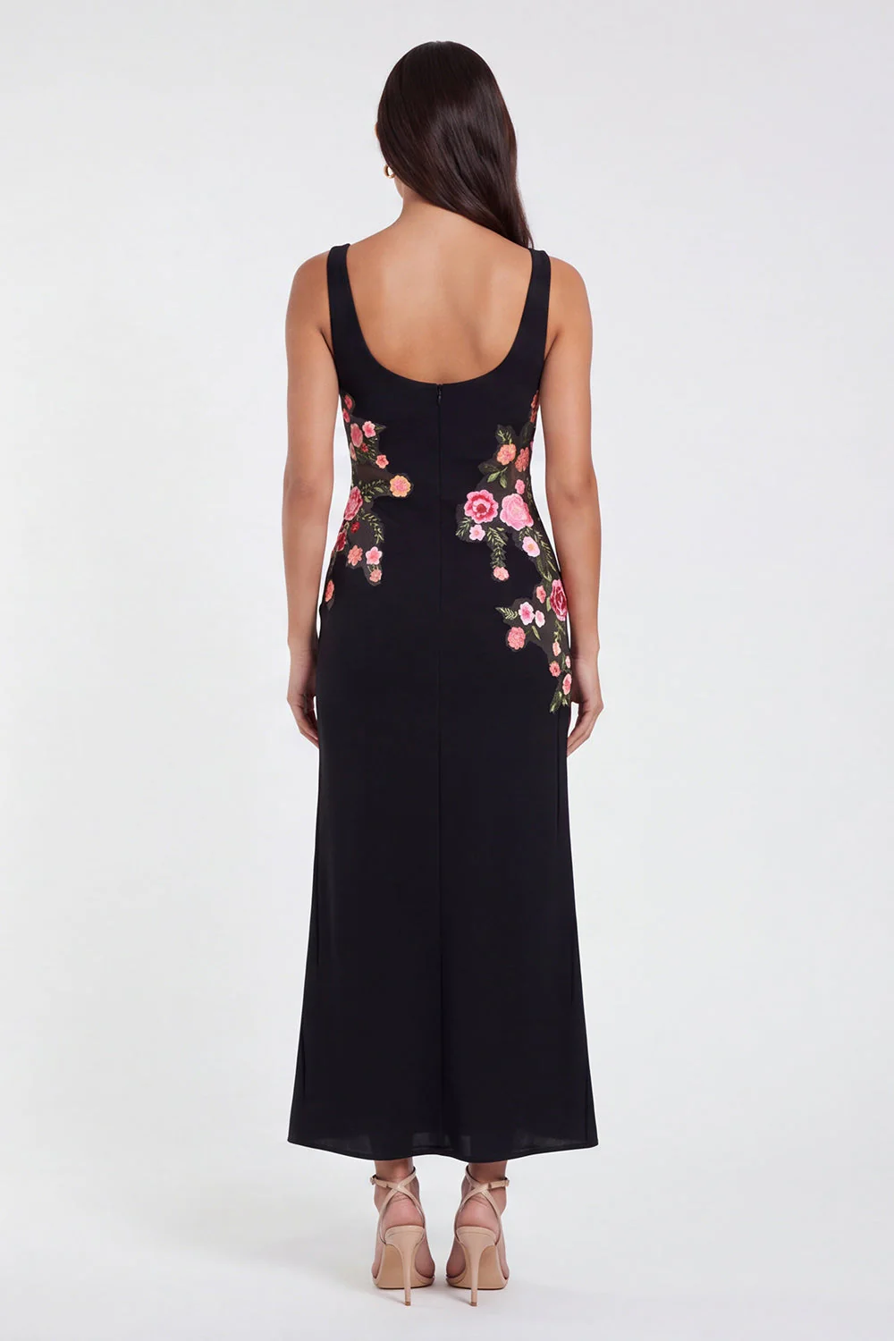 Black Square Neck Sheath Floral Long Formal Dress - Image 2
