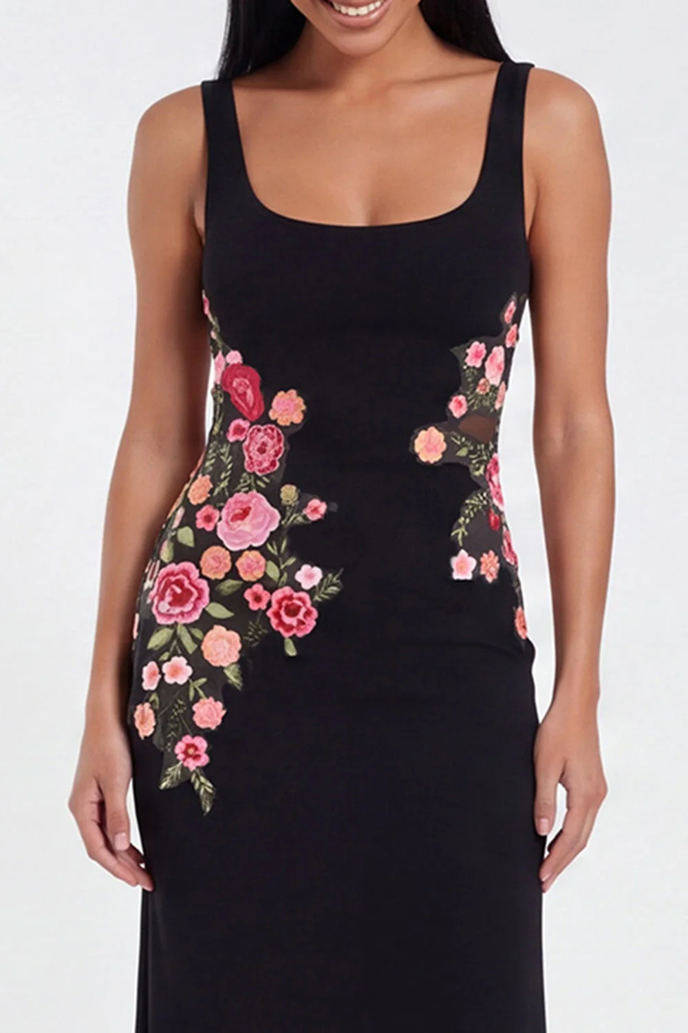 Black Square Neck Sheath Floral Long Formal Dress - Image 3