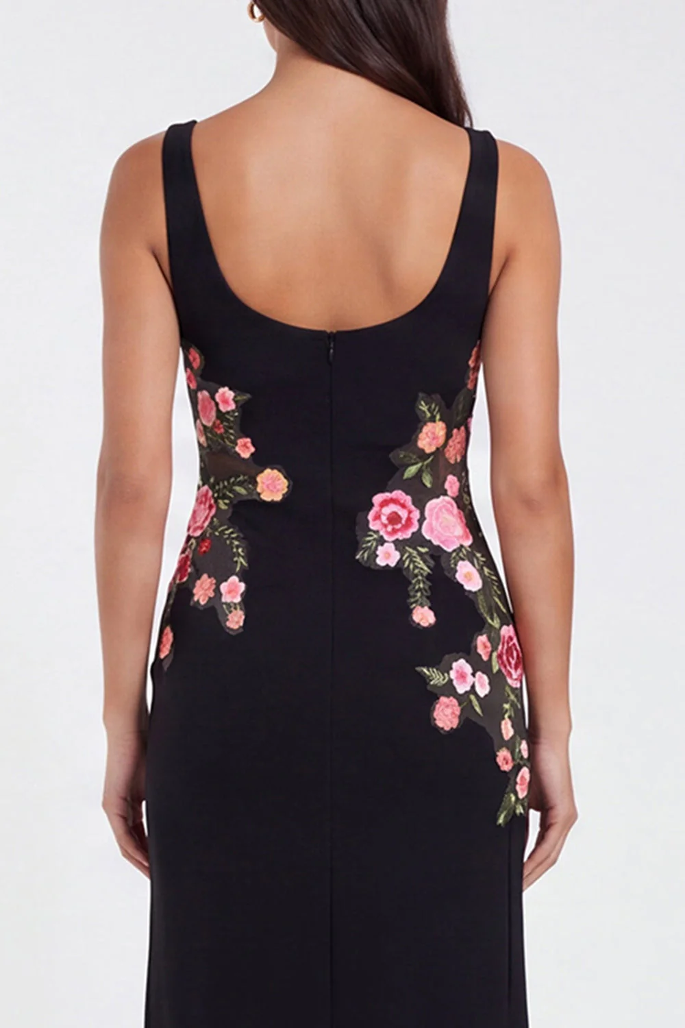 Black Square Neck Sheath Floral Long Formal Dress - Image 4