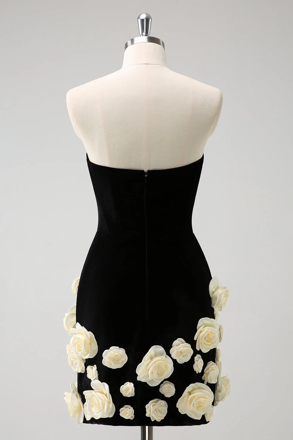 Black Strapless Bodycon Short Graduation Dress with 3D Flowers - Image 2