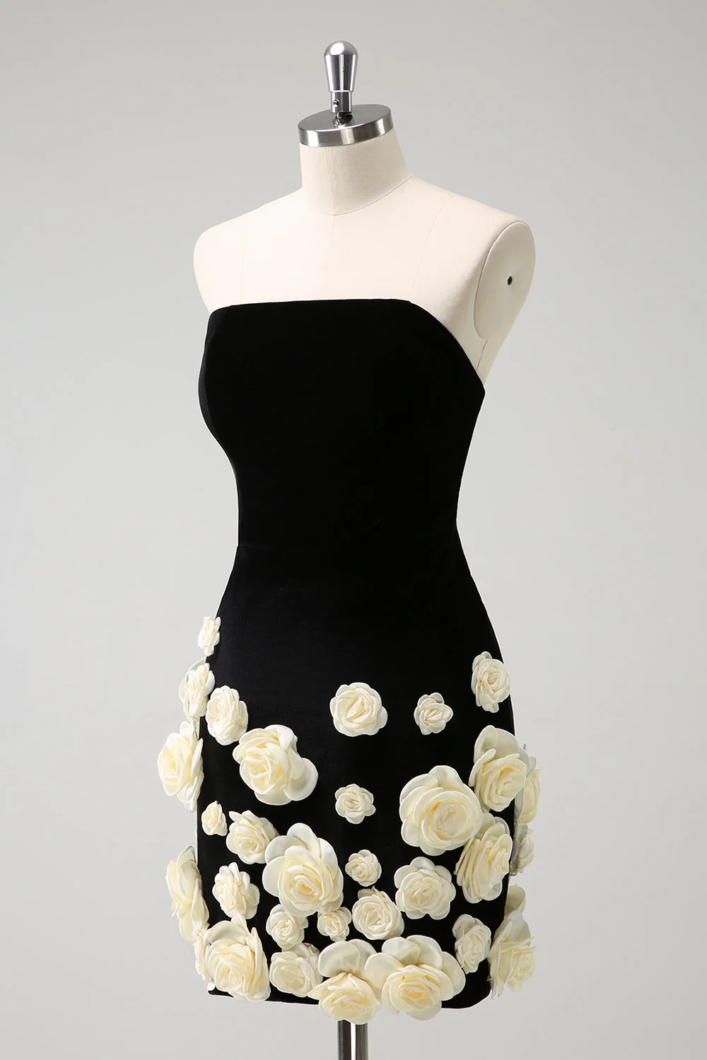 Black Strapless Bodycon Short Graduation Dress with 3D Flowers - Image 3