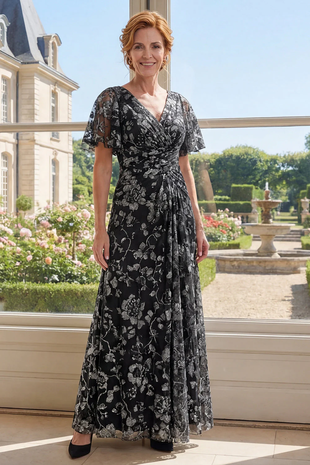 Black A-Line Floral V-Neck Printed Long Mother Of the Bride Dress