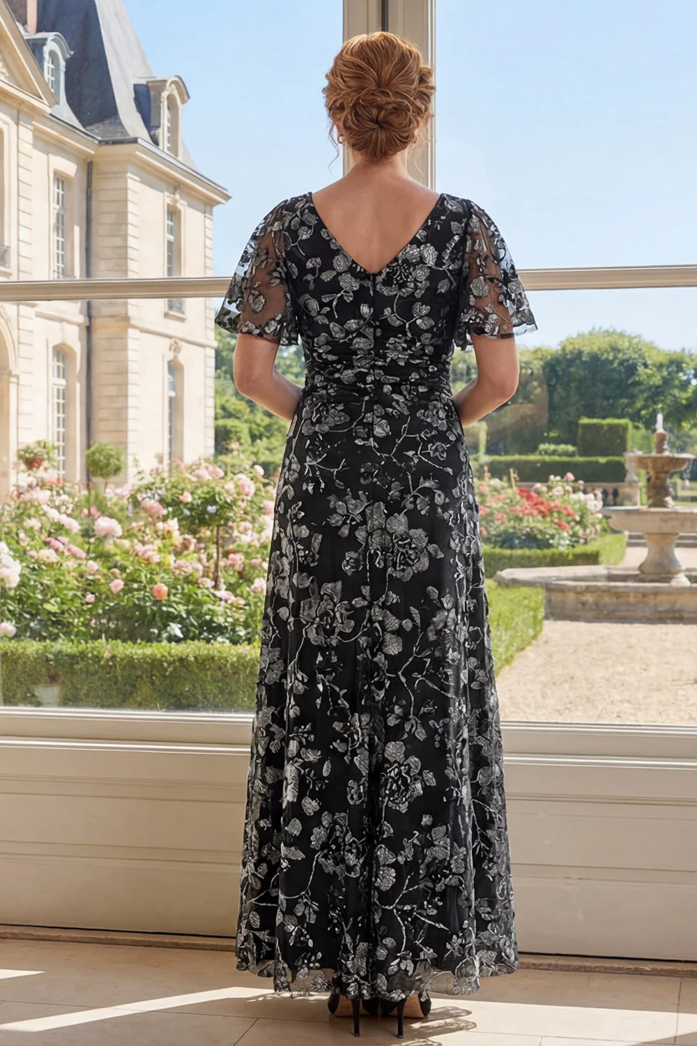 Black A-Line Floral V-Neck Printed Long Mother Of the Bride Dress - Image 2