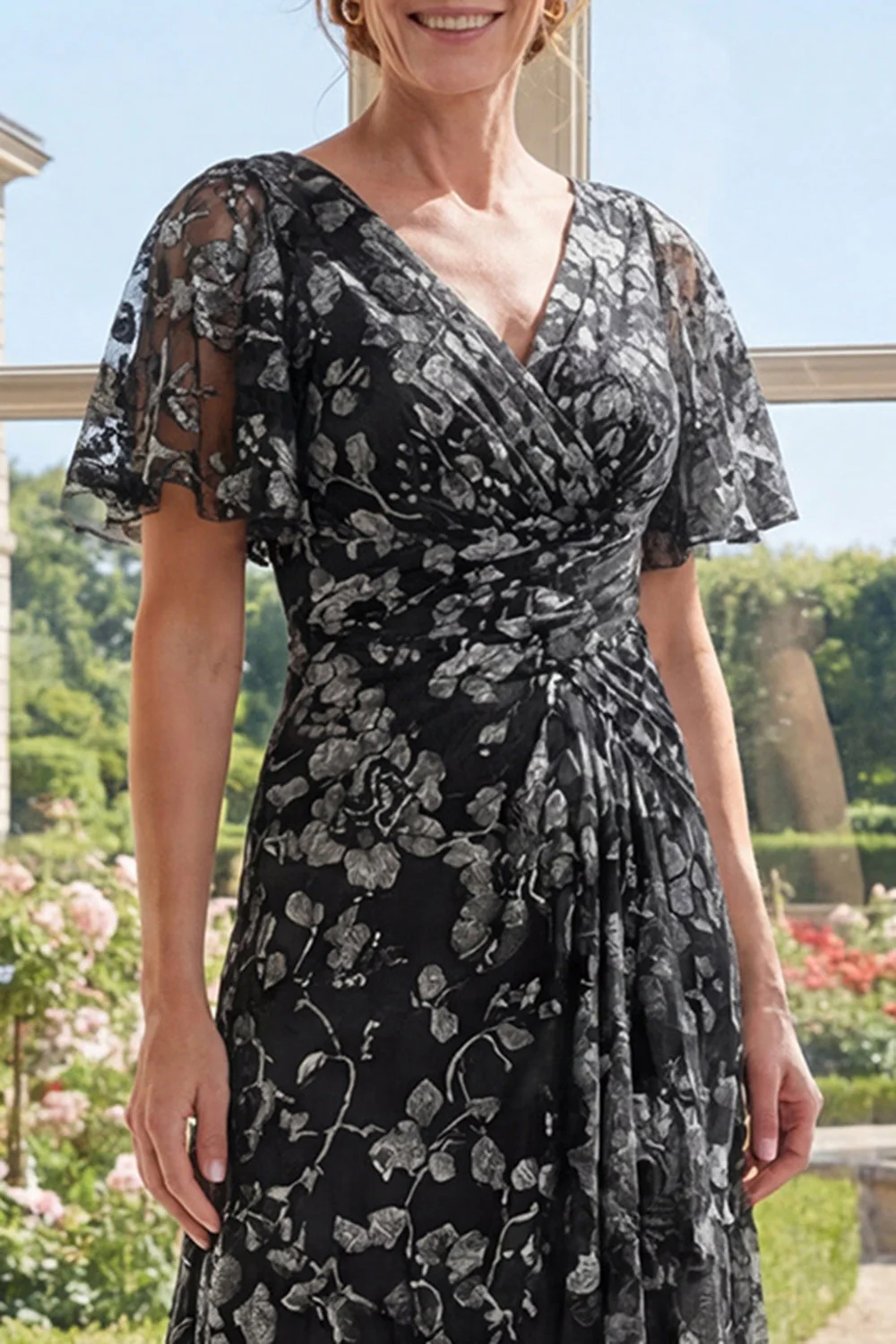 Black A-Line Floral V-Neck Printed Long Mother Of the Bride Dress - Image 3