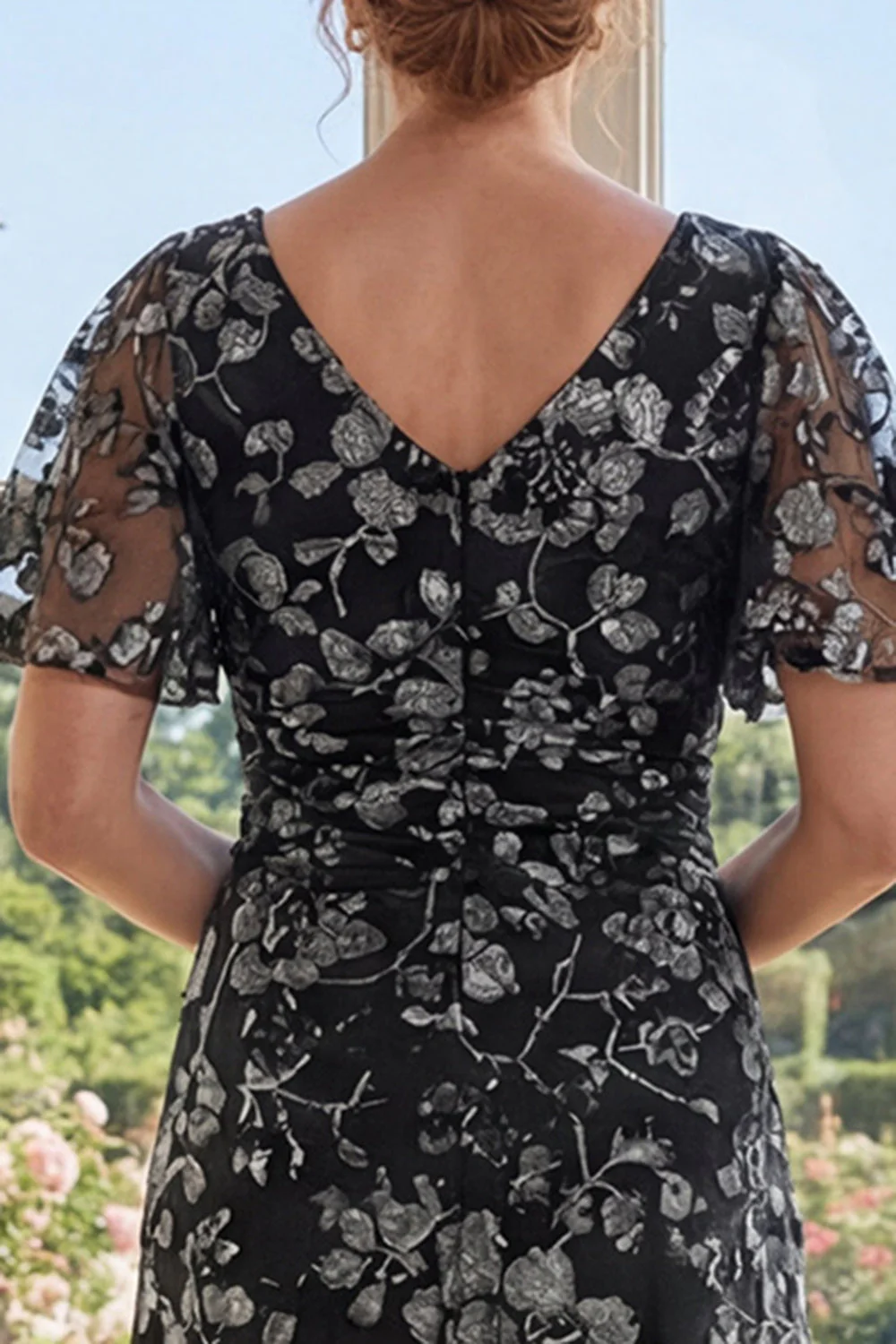 Black A-Line Floral V-Neck Printed Long Mother Of the Bride Dress - Image 4
