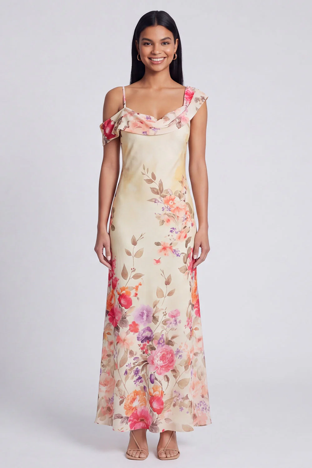 Champagne Sheath Printed Asymmetrical Neck Maxi Floral Dress