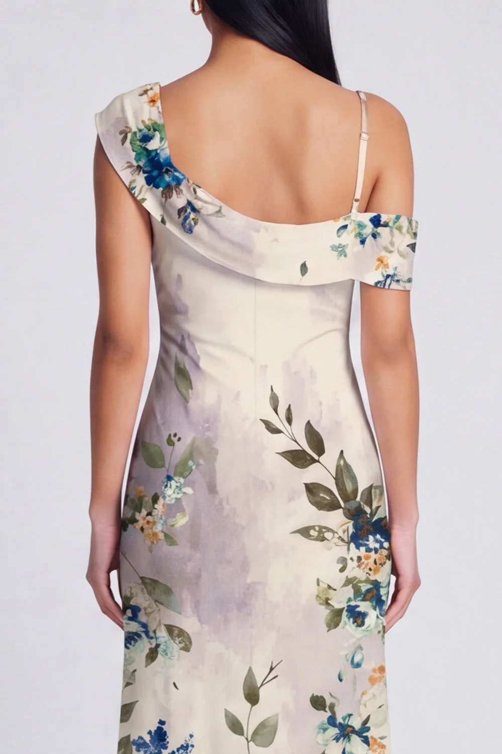 Champagne Sheath Printed Asymmetrical Neck Maxi Floral Dress - Image 10
