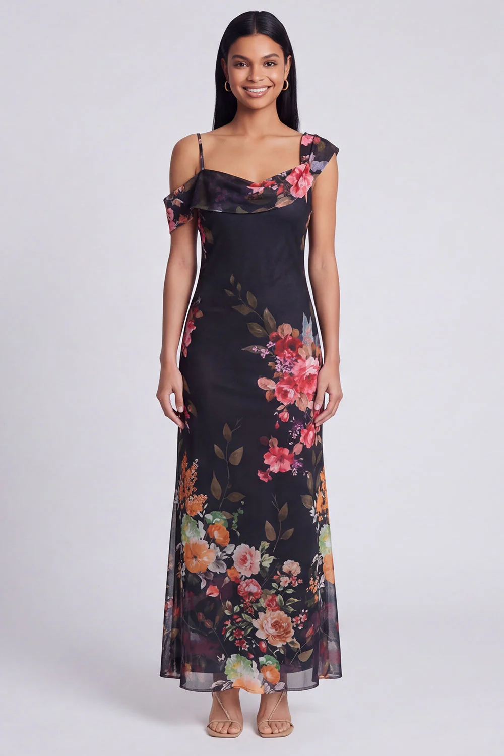 Champagne Sheath Printed Asymmetrical Neck Maxi Floral Dress - Image 11
