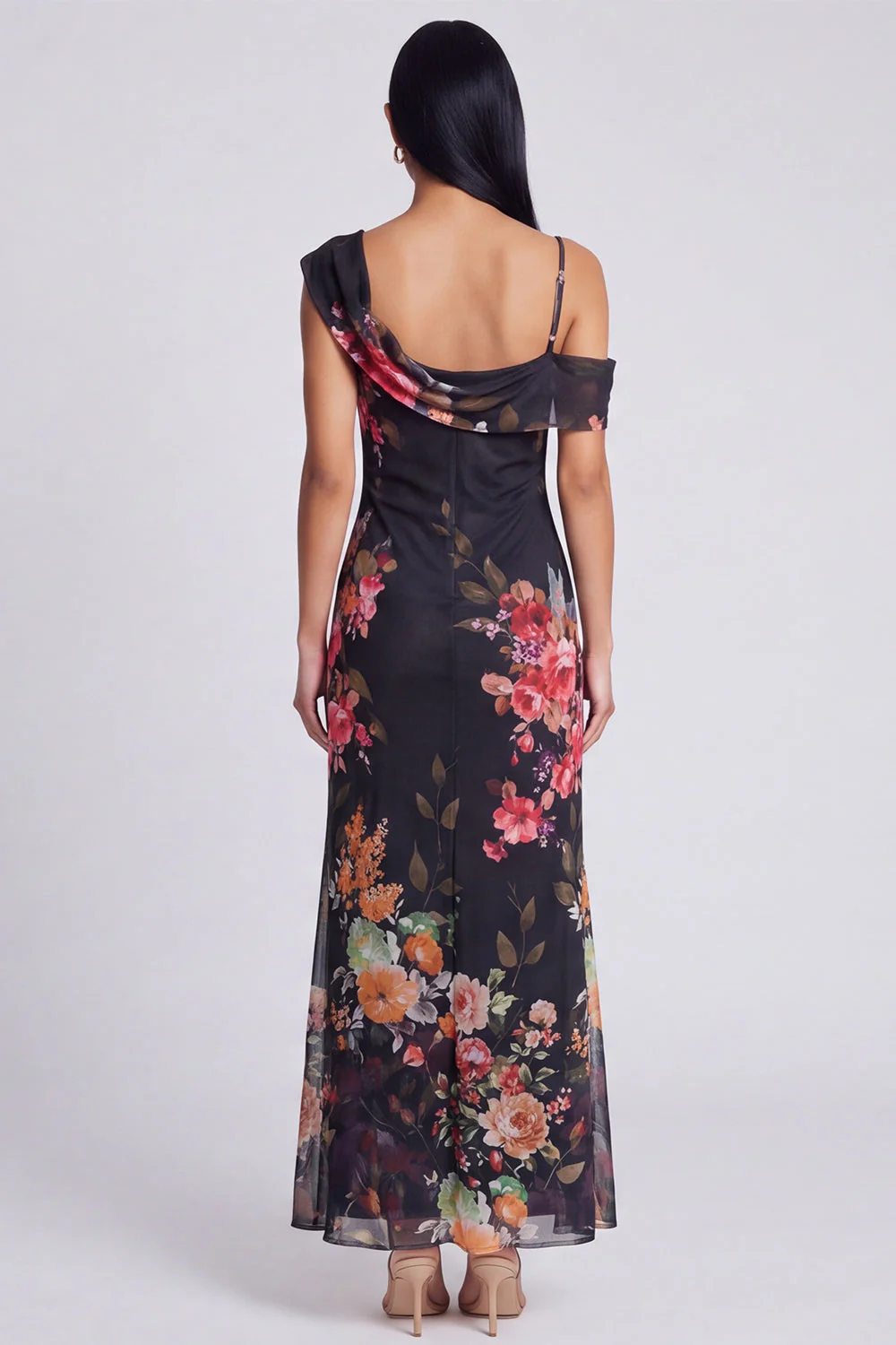 Champagne Sheath Printed Asymmetrical Neck Maxi Floral Dress - Image 12