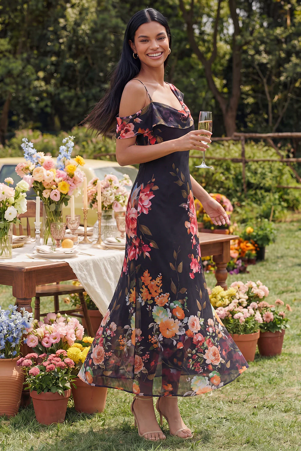 Champagne Sheath Printed Asymmetrical Neck Maxi Floral Dress - Image 13
