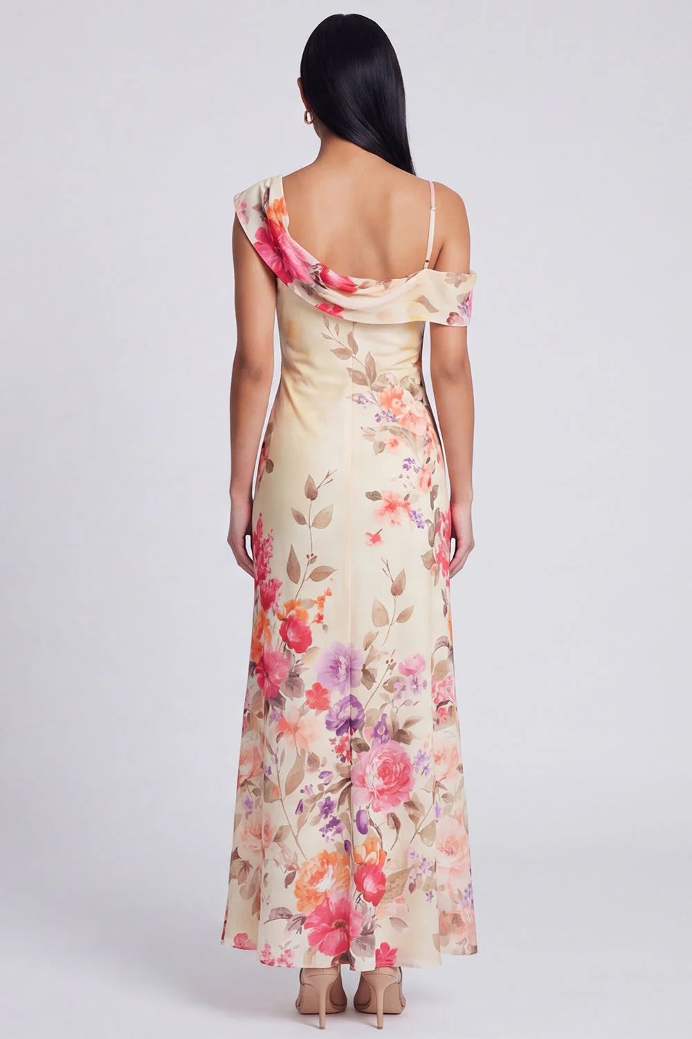 Champagne Sheath Printed Asymmetrical Neck Maxi Floral Dress - Image 2