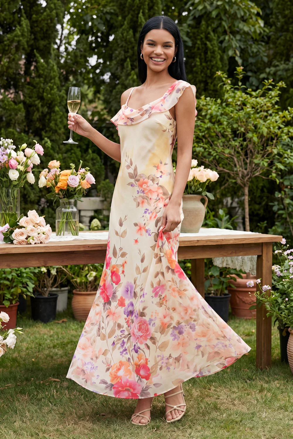 Champagne Sheath Printed Asymmetrical Neck Maxi Floral Dress - Image 3