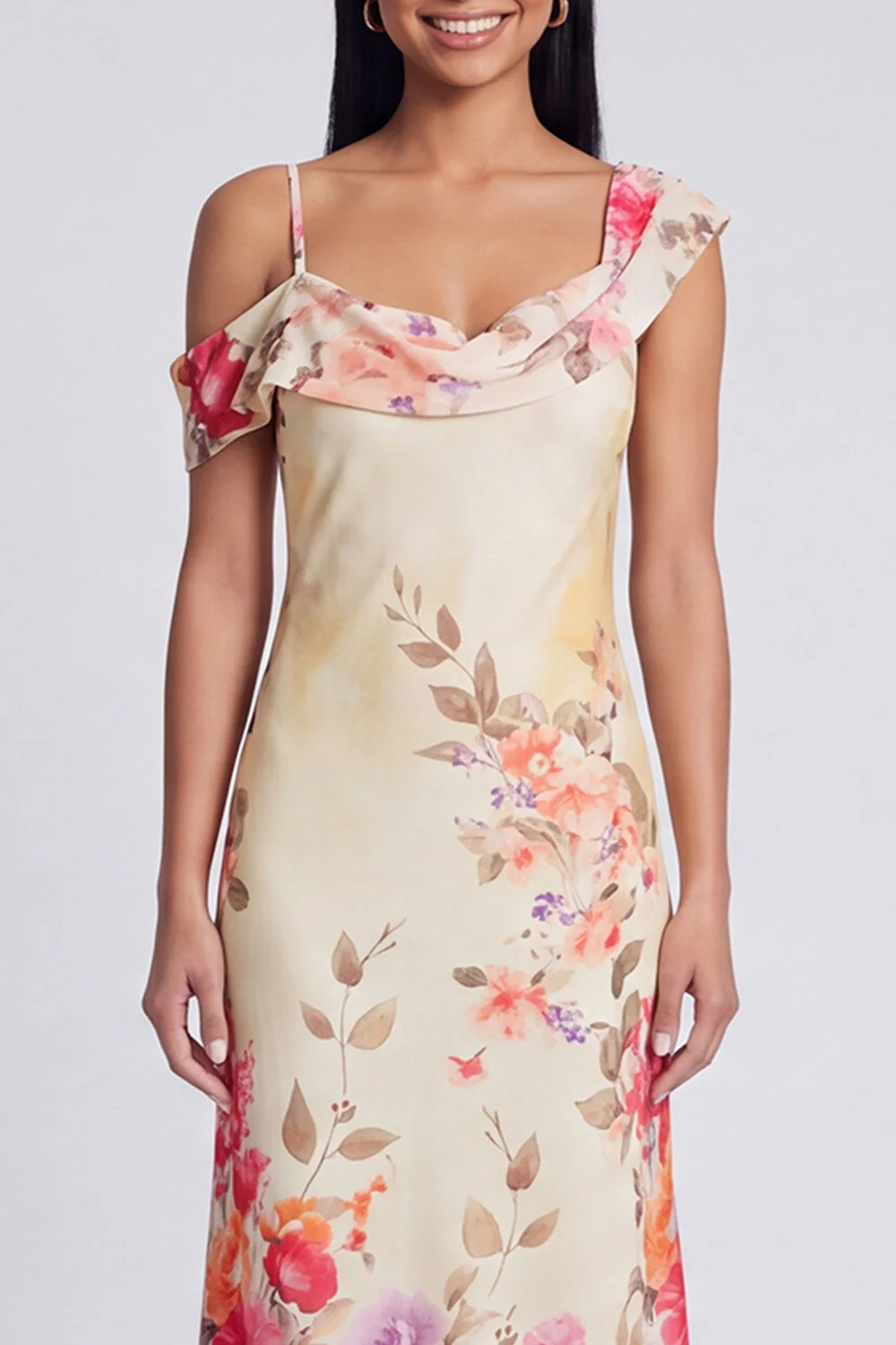 Champagne Sheath Printed Asymmetrical Neck Maxi Floral Dress - Image 4