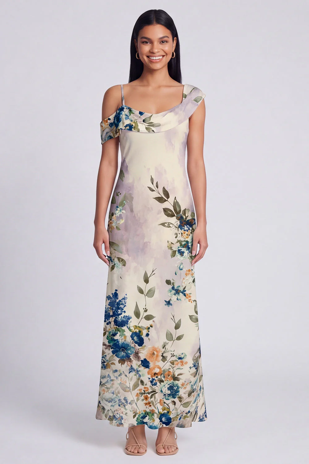 Champagne Sheath Printed Asymmetrical Neck Maxi Floral Dress - Image 6