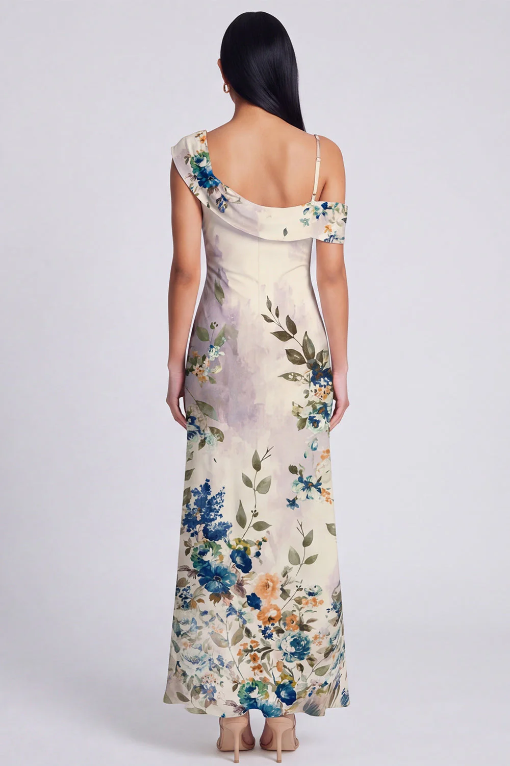 Champagne Sheath Printed Asymmetrical Neck Maxi Floral Dress - Image 7