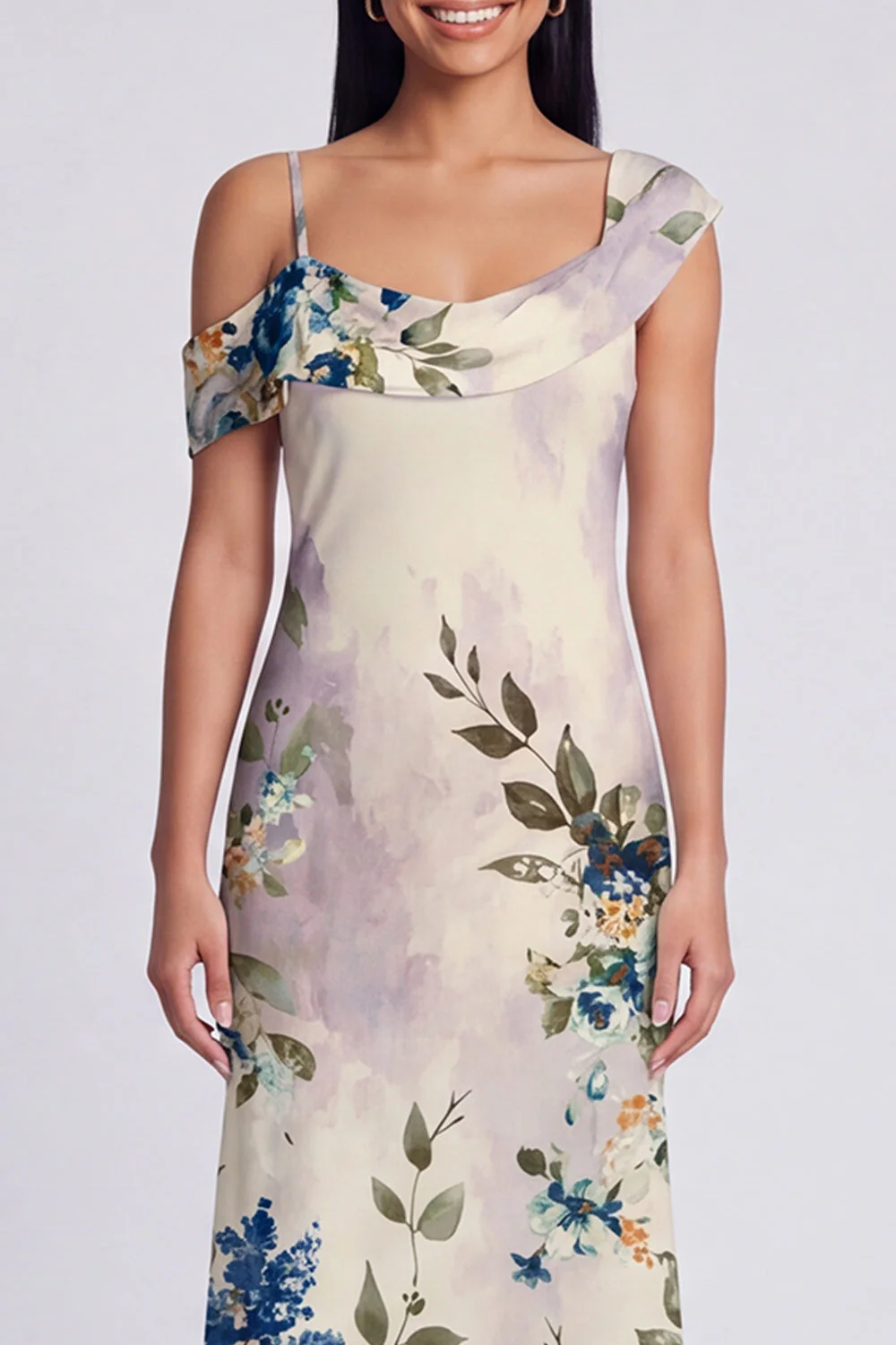 Champagne Sheath Printed Asymmetrical Neck Maxi Floral Dress - Image 9
