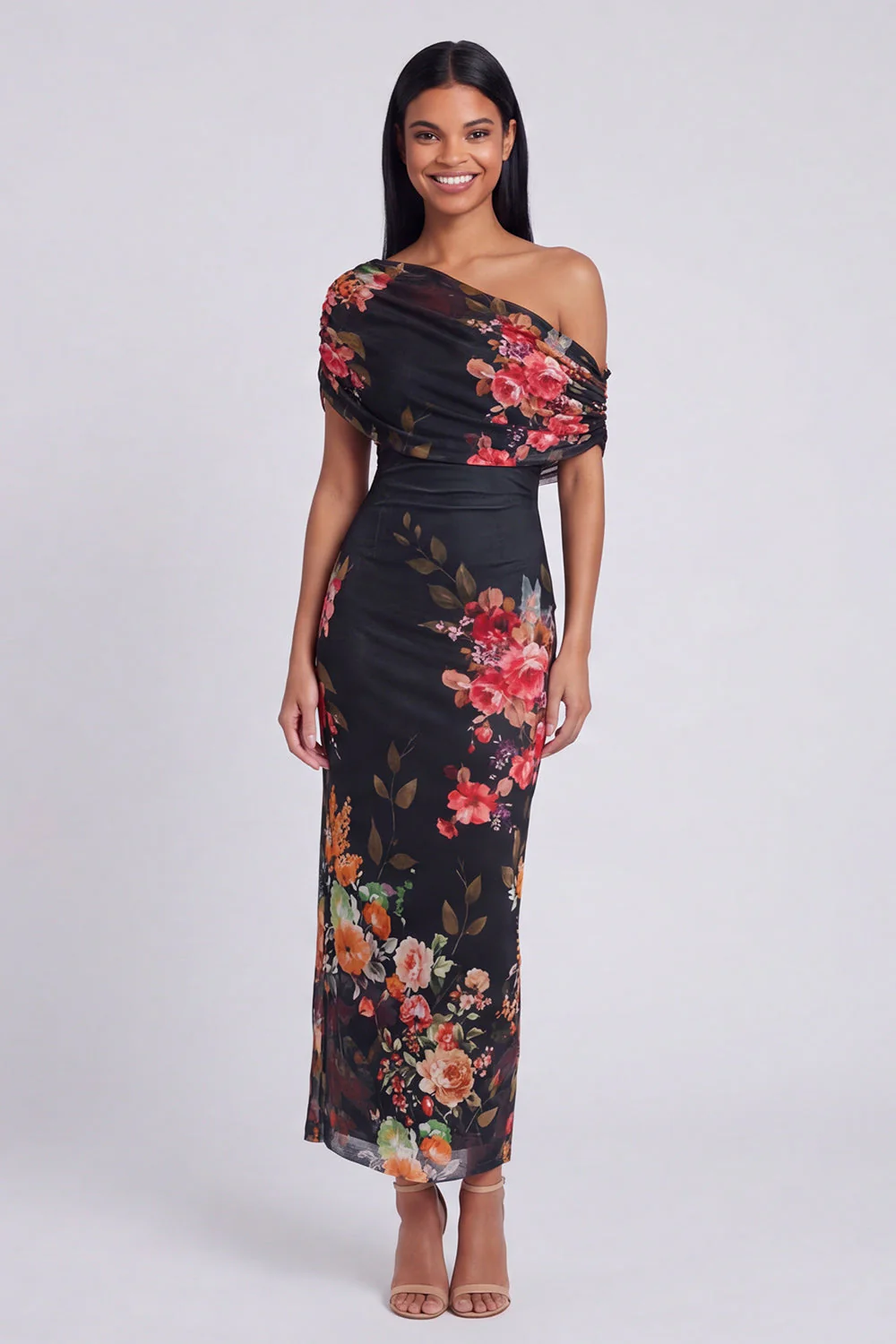Ivory One Shoulder Sheath Printed Maxi Floral Dress - Image 11