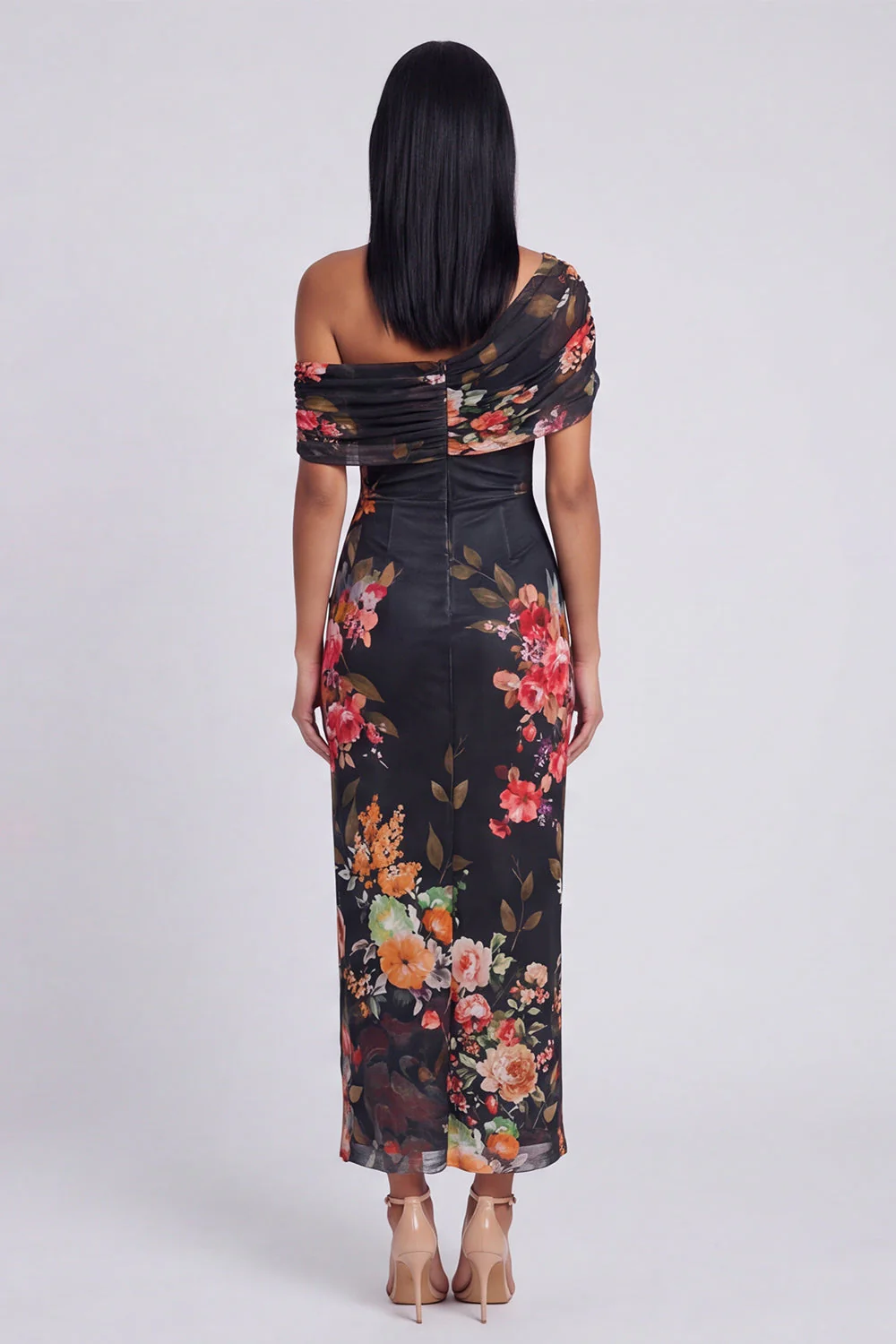 Ivory One Shoulder Sheath Printed Maxi Floral Dress - Image 12
