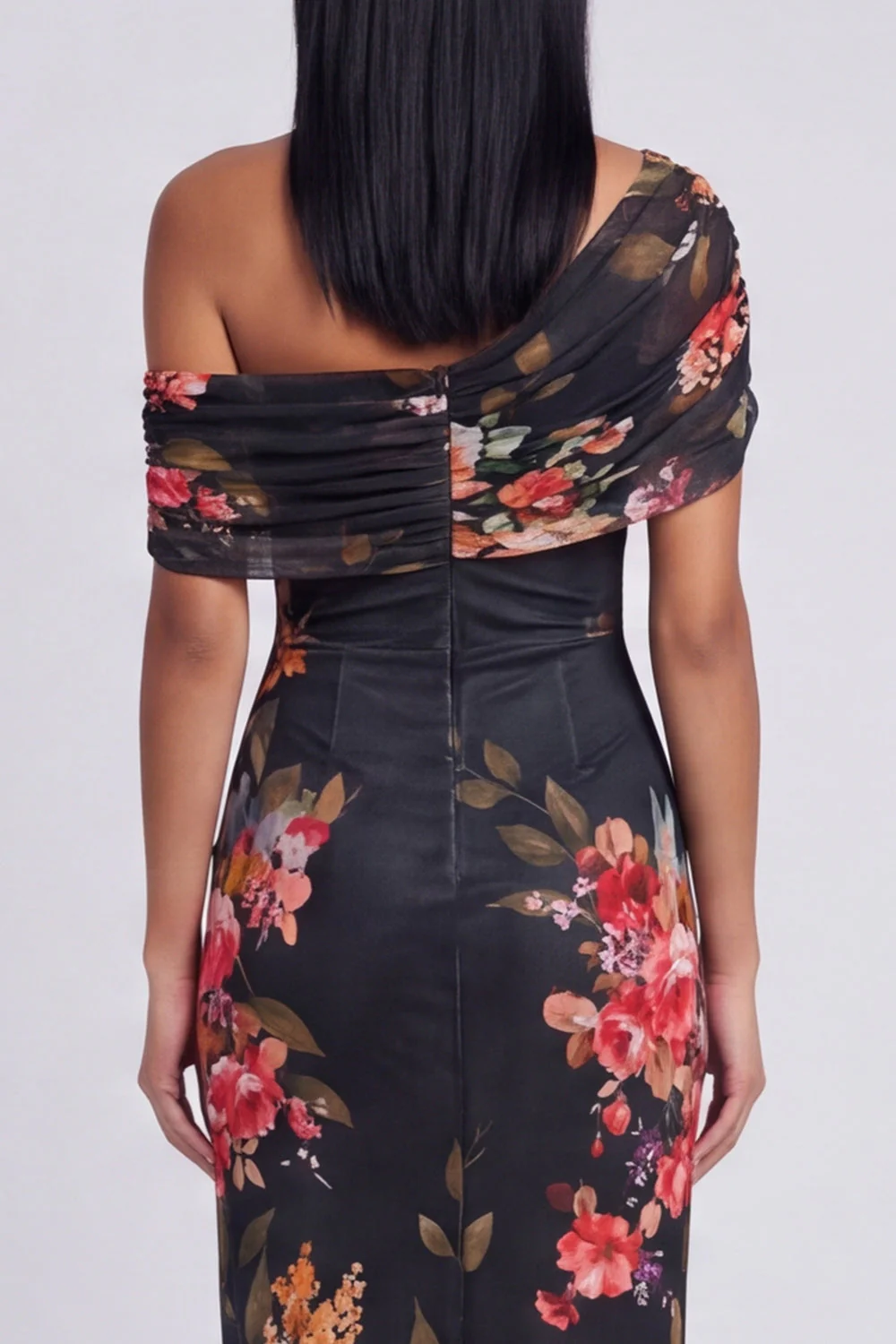 Ivory One Shoulder Sheath Printed Maxi Floral Dress - Image 15