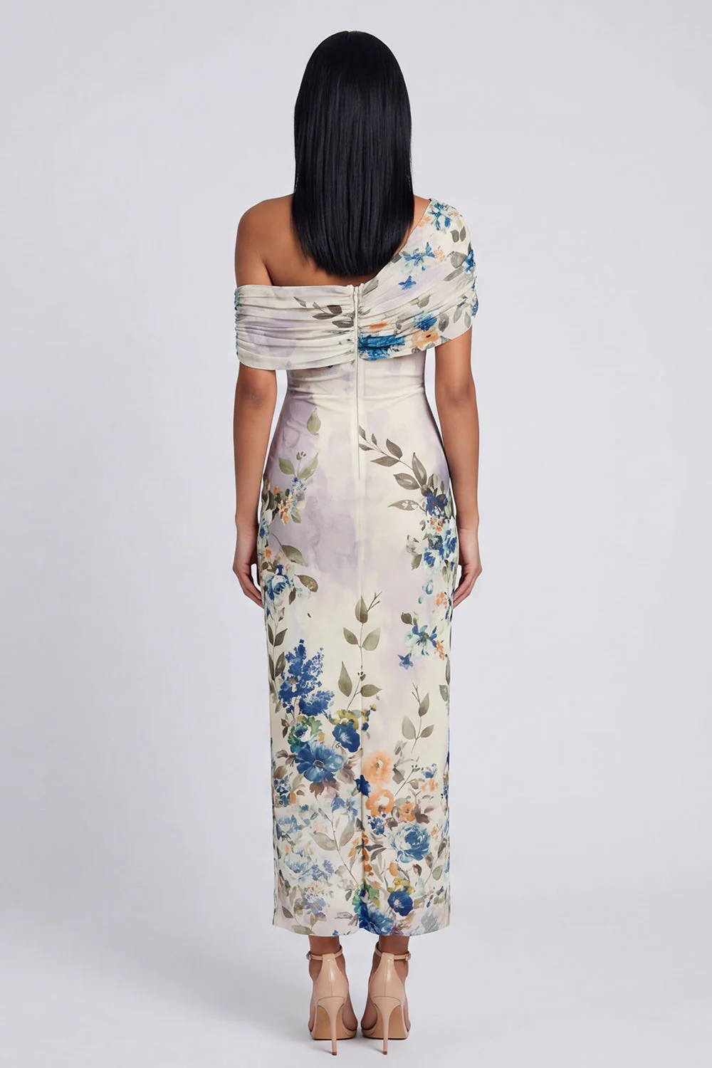 Ivory One Shoulder Sheath Printed Maxi Floral Dress - Image 2
