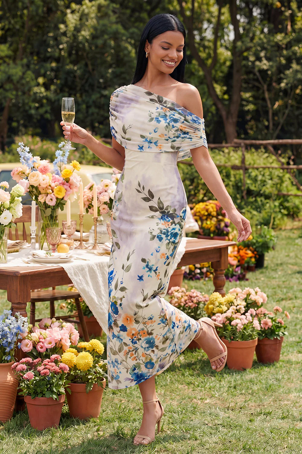 Ivory One Shoulder Sheath Printed Maxi Floral Dress - Image 3