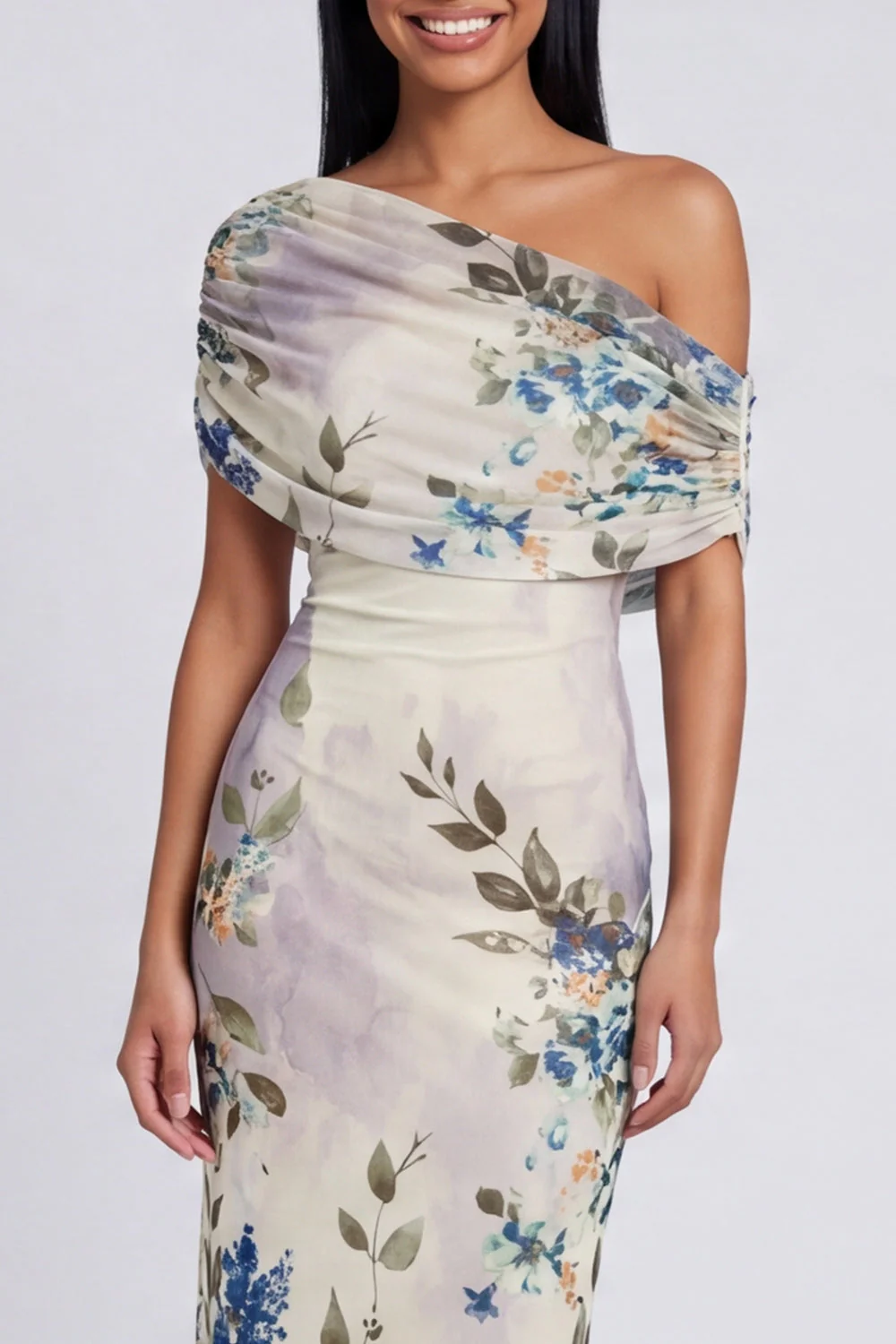 Ivory One Shoulder Sheath Printed Maxi Floral Dress - Image 4