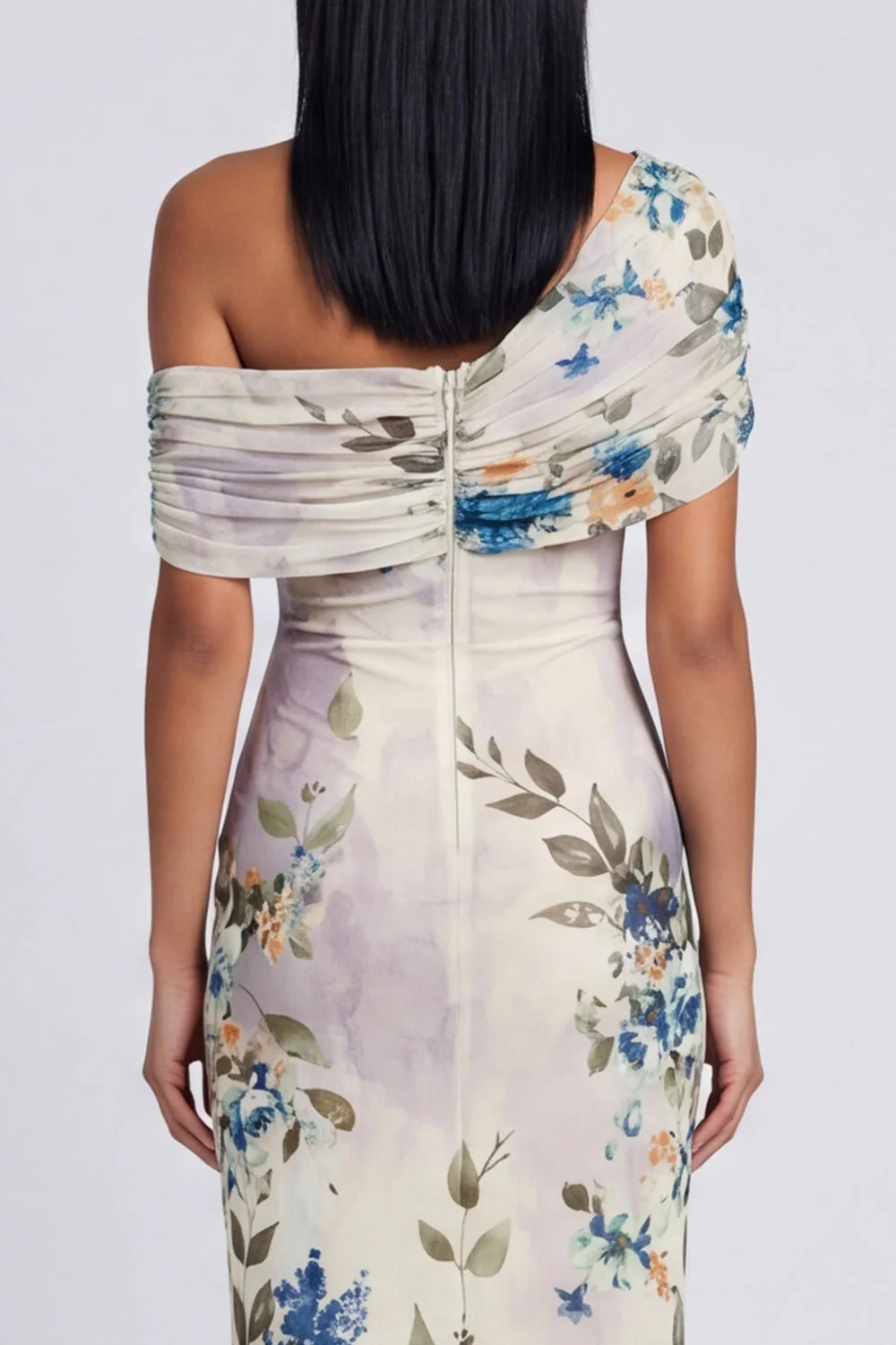 Ivory One Shoulder Sheath Printed Maxi Floral Dress - Image 5