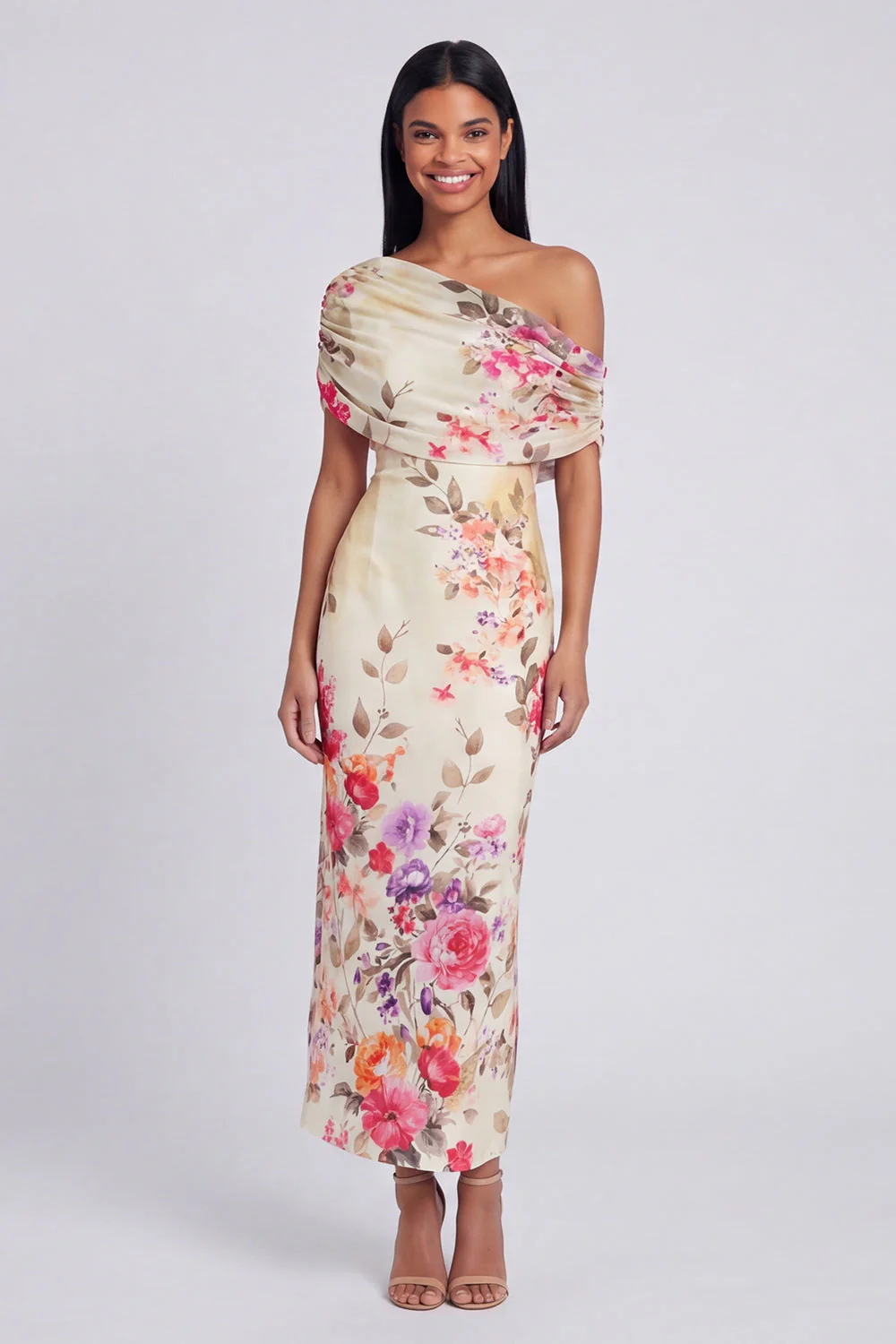 Ivory One Shoulder Sheath Printed Maxi Floral Dress - Image 6