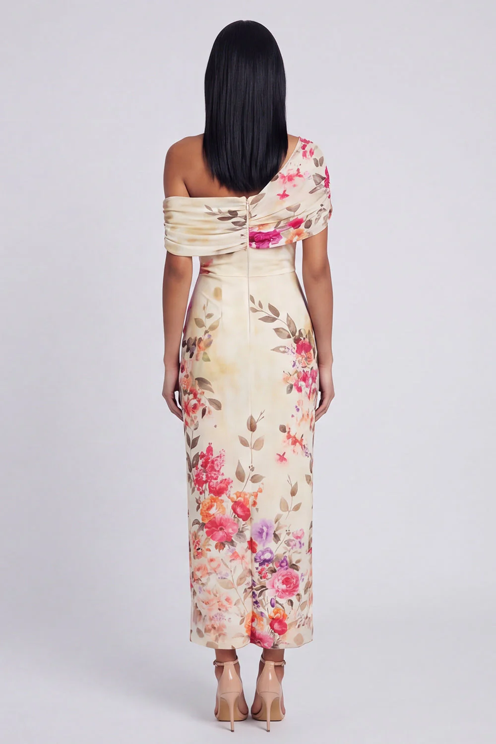 Ivory One Shoulder Sheath Printed Maxi Floral Dress - Image 7