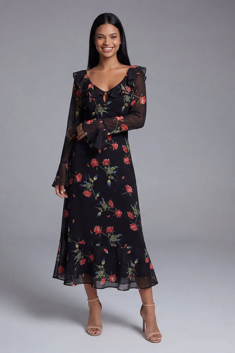 Black Tulle V-Neck Sheath Printed Floral Midi Dress with Long Sleeves
