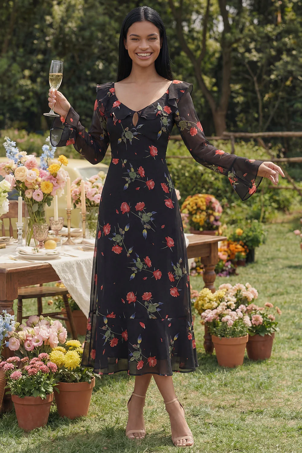 Black Tulle V-Neck Sheath Printed Floral Midi Dress with Long Sleeves - Image 2