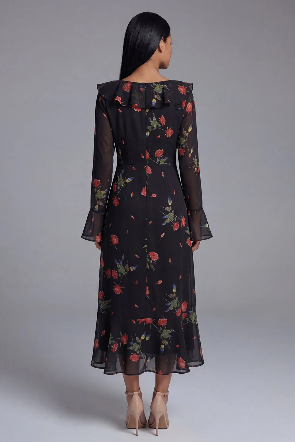 Black Tulle V-Neck Sheath Printed Floral Midi Dress with Long Sleeves - Image 3
