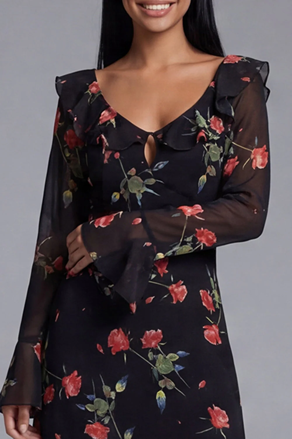 Black Tulle V-Neck Sheath Printed Floral Midi Dress with Long Sleeves - Image 4