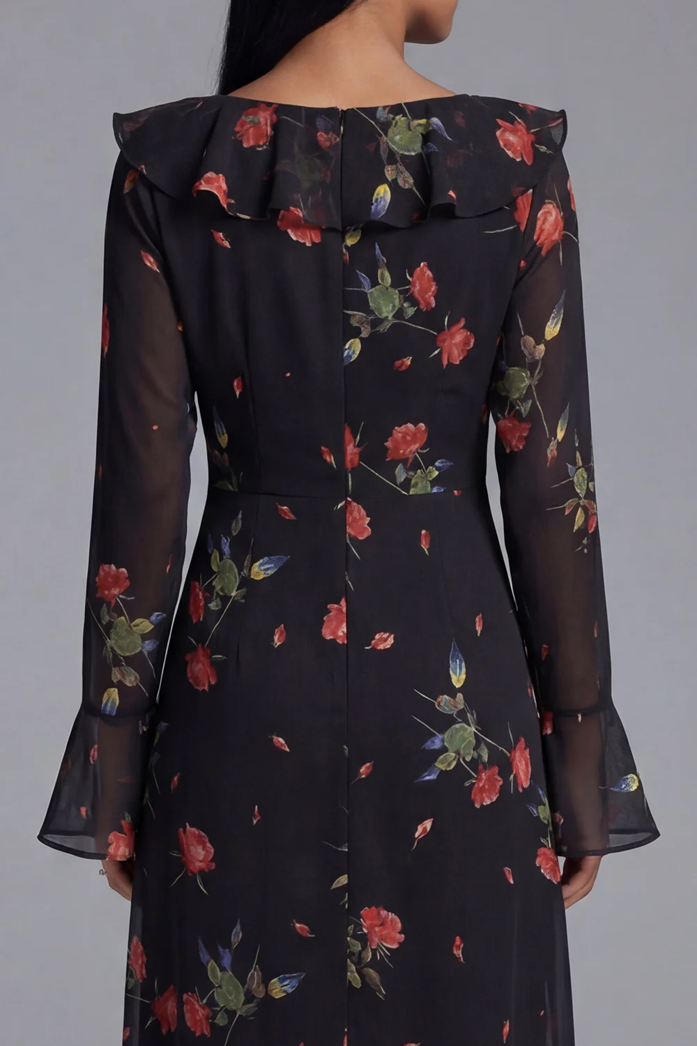 Black Tulle V-Neck Sheath Printed Floral Midi Dress with Long Sleeves - Image 5