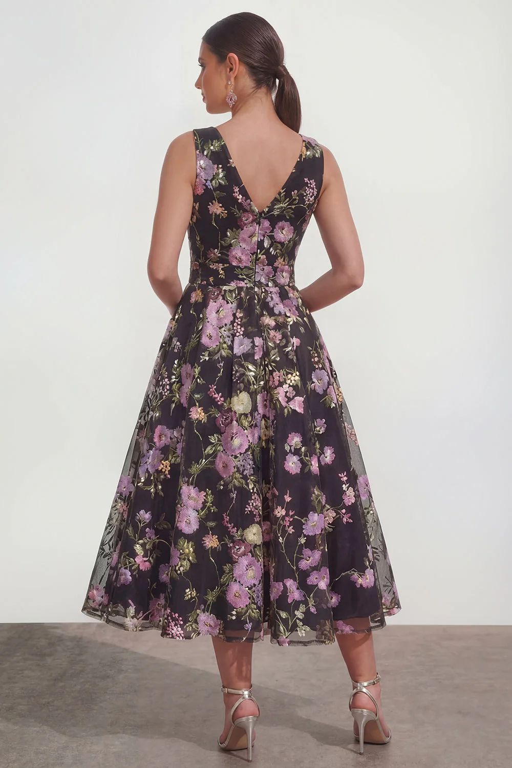 Black V-Neck Midi A Line Floral Dress with Bow - Image 2